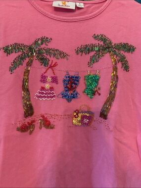 Quaker Factory Pink Embellished Tropical Beach 3/4 Sleeve Top